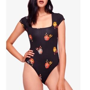 Free People Intimately Black Floral‎ Bodysuit Sz M Y2K Romanticcore Festival